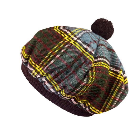 Tartan Plaid Wool Blend Traditional Tam Hat With Pom & Vibrant Pattern - Picture 4 of 6